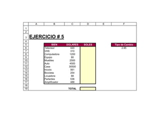 A          B         C        D      E         F
1
2

3    EJERCICIO # 5
 4
 5                 BIEN   DOLARES   SOLES       Tipo de Cambio
 6         Televisor        420                       2.85
 7         VHS              310
 8         Computadora      1200
 9         Equipo            80
10         Muebles          2500
11         Auto             4500
12         Casa            30500
13         triciclo         561
14         Bicicleta        254
15         Licuadora         68
16         Parlantes        536
17         Amplificador     488
18
19                         TOTAL
 