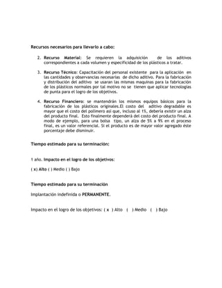Recursos necesarios para llevarlo a cabo:

   2. Recurso Material: Se requieren la adquisición              de los aditivos
      correspondientes a cada volumen y especificidad de los plásticos a tratar.

   3. Recurso Técnico: Capacitación del personal existente para la aplicación en
      las cantidades y observancias necesarias de dicho aditivo. Para la fabricación
      y distribución del aditivo se usaran las mismas maquinas para la fabricación
      de los plásticos normales por tal motivo no se tienen que aplicar tecnologías
      de punta para el logro de los objetivos.

   4. Recurso Financiero: se mantendrán los mismos equipos básicos para la
      fabricación de los plásticos originales.El costo del aditivo degradable es
      mayor que el costo del polímero así que, incluso al 1%, debería existir un alza
      del producto final. Esto finalmente dependerá del costo del producto final. A
      modo de ejemplo, para una bolsa tipo, un alza de 5% a 9% en el proceso
      final, es un valor referencial. Si el producto es de mayor valor agregado éste
      porcentaje debe disminuir.


Tiempo estimado para su terminación:


1 año. Impacto en el logro de los objetivos:

( x) Alto ( ) Medio ( ) Bajo


Tiempo estimado para su terminación

Implantación indefinida o PERMANENTE.


Impacto en el logro de los objetivos: ( x ) Alto ( ) Medio ( ) Bajo
 