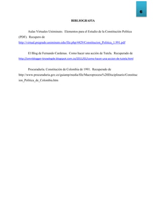 6
BIBLIOGRAFIA
Aulas Virtuales Uniminuto. Elementos para el Estudio de la Constitución Política
(PDF). Recupero de
http://virtual.pregrado.uniminuto.edu/file.php/4429/Constitucion_Politica_1.991.pdf
El Blog de Fernando Cardenas. Como hacer una acción de Tutela. Recuperado de
http://omniblogger-knowlegde.blogspot.com.co/2011/01/como-hacer-una-accion-de-tutela.html
Procuraduría. Constitución de Colombia de 1991. Recuperado de
http://www.procuraduria.gov.co/guiamp/media/file/Macroproceso%20Disciplinario/Constituc
ion_Politica_de_Colombia.htm
 