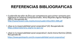 REFERENCIAS BIBLIOGRAFICAS
• Cuadernillo de taller de Ética por competencias para primer semestre para
Ingeniería en Sistemas Computacionales. Alma Alejandra Aguilar Rodríguez
(2011). Recuperado de:
http://www.tesoem.edu.mx/alumnos/cuadernillos/2011.008.pdf
• ¿Que es la responsabilidad social corporativa? (sf). Recuperado de:
https://observatoriorsc.org/la-rsc-que-es/
• ¿Qué es la responsabilidad social corporativa?, Aarón Arena Ramírez (2016).
Recuperado de:
https://www.gestiopolis.com/la-responsabilidad-social-corporativa/
 