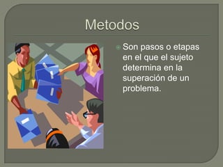 MetodosSon pasos o etapas en el que el sujeto determina en la superación de un problema.