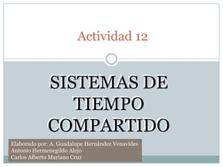 Actividad 12 SISTEMAS DE TIEMPO COMPARTIDO  SISTEMAS DE TIEMPO COMPARTIDO  Elaborado por: A. Guadalupe Hernández Venavides Antonio Hermenegildo Alejo Carlos Alberto Mariano Cruz 