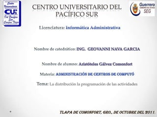 CENTRO UNIVERSITARIO DEL
     PACÍFICO SUR




    La distribución la programación de las actividades




         Tlapa de Comonfort, Gro., de octubre del 2011.
 