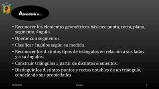 • Reconocer los elementos geométricos básicos: punto, recta, plano,
segmento, ángulo.
• Operar con segmentos.
• Clasificar ángulos según su medida.
• Reconocer los distintos tipos de triángulos en relación a sus lados
y a su ángulos.
• Construir triángulos a partir de distintos elementos.
• Distinguir los distintos puntos y rectas notables de un triángulo,
conociendo sus propiedades
29/05/2016 Amagoia 4
 