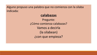 Alguno propuso una palabra que no comienza con la silaba
indicada:

calabazas
Pregunte:
¿Cómo comienza calabazas?

Vamos a decirla
(la silabean)
¿con que empieza?

 