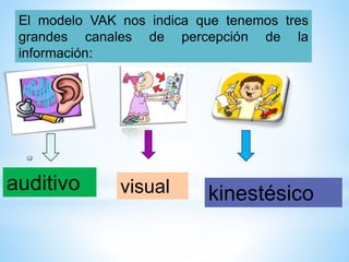 auditivo visual kinestésico
El modelo VAK nos indica que tenemos tres
grandes canales de percepción de la
información:
 