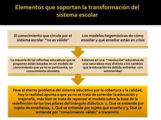 El conocimiento que circula por el
sistema escolar “no es válido”

Los modelos hegemónicos de cómo
enseñar y qué enseñar están en crisis

La mayoría de las reformas educativas que se
proponen están basadas en un modelo de
conocimiento que ya no es pertinente, un
conocimiento obsoleto

Estamos en una “ revolución” educativa de
una naturaleza muy distinta a los cambios
que la educación ha debido enfrentar con
anterioridad

Pese al eterno problema del sistema educativo por la cobertura y la calidad,
hoy la realidad apunta a que ya no se trata de extender la educación y
mejorarla, más bien se trata de repensar el modelo sobre la base de la
redefinición de los tres pilares del triángulo didáctico: 1. Qué se entiende por
sujeto de enseñanza, 2. Qué se entiende por sujeto que enseña y 3. Qué se
entiende por “conocimiento válido” a transmitir.

 