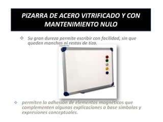 PIZARRA DE ACERO VITRIFICADO Y CON
MANTENIMIENTO NULO
 Su gran dureza permite escribir con facilidad, sin que
queden manchas ni restos de tiza.
 