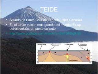TEIDE
• Situado en Santa Cruz de Tenerife, Islas Canarias.
• Es el tercer volcán más grande del mundo. Es un
estratovolcán, un punto caliente.
• http://www.youtube.com/watch?v=SwFSPBgfkQ0
 