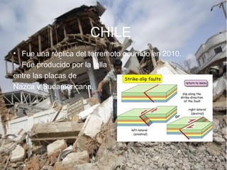 CHILE
• Fue una réplica del terremoto ocurrido en 2010.
• Fue producido por la falla
entre las placas de
Nazca y Sudamericana.
 