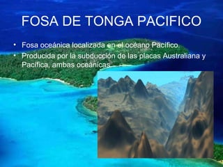 FOSA DE TONGA PACIFICO
• Fosa oceánica localizada en el océano Pacífico.
• Producida por la subducción de las placas Australiana y
Pacífica, ambas oceánicas.
 