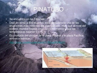 • Se encuentra en las Filipinas.
• Dejó en torno a 500 muertos, está considerada una de las
erupciones más violentas del siglo pasado. Hizo que el nivel del
océano mundial bajase unos cinco milímetros y que las
temperaturas bajaran 0,5 ºC
• Es producto del choque de la placa Filipina y la placa Pacífica,
ambas oceánicas.
• http://www.youtube.com/watch?v=WecgO8cBcZY
•  
PINATUBO
 