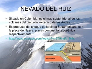 NEVADO DEL RUIZ
• Situado en Colombia, es el más septentrional de los
volcanes del cinturón volcánico de los Andes.
• Es producto del choque de la placa Sudamericana con
la placa de Nazca, placas continental y oceánica
respectivamente.
• http://www.youtube.com/watch?v=5T9lndN_M4s
 