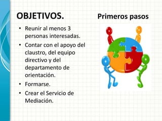 OBJETIVOS.                  Primeros pasos
• Reunir al menos 3
  personas interesadas.
• Contar con el apoyo del
  claustro, del equipo
  directivo y del
  departamento de
  orientación.
• Formarse.
• Crear el Servicio de
  Mediación.
 