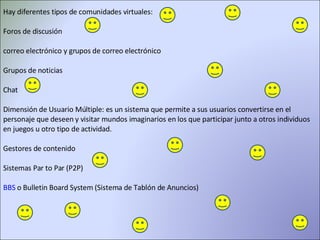 Hay diferentes tipos de comunidades virtuales: Foros de discusión  correo electrónico y grupos de correo electrónico  Grupos de noticias Chat  Dimensión de Usuario Múltiple: es un sistema que permite a sus usuarios convertirse en el personaje que deseen y visitar mundos imaginarios en los que participar junto a otros individuos en juegos u otro tipo de actividad.  Gestores de contenido Sistemas Par to Par (P2P) BBS  o Bulletin Board System (Sistema de Tablón de Anuncios)  