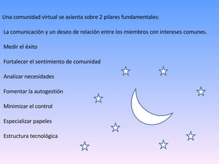 Una comunidad virtual se asienta sobre 2 pilares fundamentales: La comunicación y un deseo de relación entre los miembros con intereses comunes. Medir el éxito  Fortalecer el sentimiento de comunidad  Analizar necesidades  Fomentar la autogestión  Minimizar el control  Especializar papeles  Estructura tecnológica  