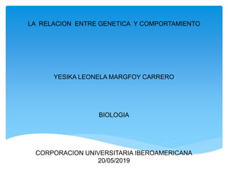 LA RELACION ENTRE GENETICA Y COMPORTAMIENTO
YESIKA LEONELA MARGFOY CARRERO
BIOLOGIA
CORPORACION UNIVERSITARIA IBEROAMERICANA
20/05/2019
 