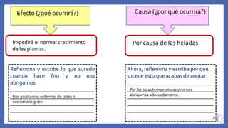 Efecto (¿qué ocurrirá?) Causa (¿por qué ocurrirá?)
Reflexiona y escribe lo que sucede
cuando hace frío y no nos
abrigamos.
______________________________
______________________________
______________________________
______________________________
______________________________
Ahora, reflexiona y escribe por qué
sucede esto que acabas de anotar.
_______________________________
_______________________________
_______________________________
_______________________________
_______________________________
_______________________________
Impedirá el normal crecimiento
de las plantas.
Por causa de las heladas.
Nos podríamos enfermar de la tos o
nos daría la gripe.
Por las bajas temperaturas y no nos
abrigamos adecuadamente.
 