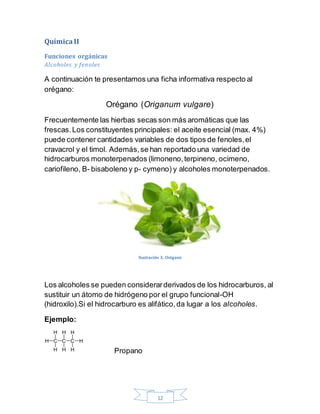 12
QuímicaII
Funciones orgánicas
Alcoholes y fenoles
A continuación te presentamos una ficha informativa respecto al
orégano:
Orégano (Origanum vulgare)
Frecuentemente las hierbas secas son más aromáticas que las
frescas.Los constituyentes principales: el aceite esencial (max. 4%)
puede contener cantidades variables de dos tipos de fenoles,el
cravacrol y el timol. Además,se han reportado una variedad de
hidrocarburos monoterpenados (limoneno,terpineno, ocimeno,
cariofileno, B- bisaboleno y p- cymeno) y alcoholes monoterpenados.
Ilustración 3. Orégano
Los alcoholes se pueden considerarderivados de los hidrocarburos, al
sustituir un átomo de hidrógeno por el grupo funcional-OH
(hidroxilo).Si el hidrocarburo es alifático,da lugar a los alcoholes.
Ejemplo:
Propano
 