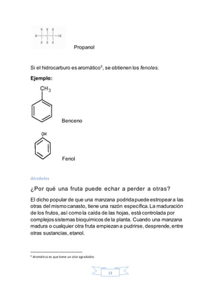 13
Propanol
Si el hidrocarburo es aromático5
, se obtienen los fenoles.
Ejemplo:
Benceno
Fenol
Alcoholes
¿Por qué una fruta puede echar a perder a otras?
El dicho popular de que una manzana podridapuede estropeara las
otras del mismo canasto, tiene una razón específica.La maduración
de los frutos, así como la caída de las hojas, está controlada por
complejossistemas bioquímicos de la planta. Cuando una manzana
madura o cualquier otra fruta empiezan a pudrirse, desprende,entre
otras sustancias, etanol.
5 Aromático es que tiene un olor agradable.
 