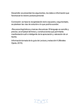 35
Desarrollo:se presentan los argumentos, los datos e información que
favorezcan la visiono postura personal.
Conclusión: se hace la recapitulación de lo expuesto y argumentado,
se plantean las vías de solución o lo que podría suceder.
-Recursos lingüísticos y marcas discursivas: El lenguaje es sencillo y
preciso,se emplean términos y construcciones que permítanla
manifestaciónsutil e inteligente de la apreciación y valoración de un
hecho.
Informacióntomada de la guía de Lectura y redacción II (Morales
Ojeda, 2015)
 