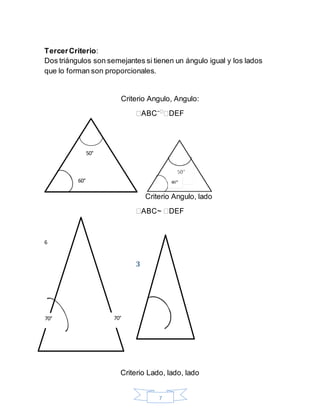 7
TercerCriterio:
Dos triángulos son semejantes si tienen un ángulo igual y los lados
que lo forman son proporcionales.
Criterio Angulo, Angulo:
Criterio Angulo, lado
6
3
Criterio Lado, lado, lado
50°
60°
70° 70°
 