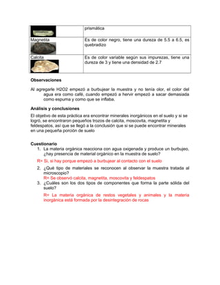 prismática
Magnetita Es de color negro, tiene una dureza de 5.5 a 6.5, es
quebradizo
Calcita Es de color variable según sus impurezas, tiene una
dureza de 3 y tiene una densidad de 2.7
Observaciones
Al agregarle H2O2 empezó a burbujear la muestra y no tenía olor, el color del
agua era como café, cuando empezó a hervir empezó a sacar demasiada
como espuma y como que se inflaba.
Análisis y conclusiones
El objetivo de esta práctica era encontrar minerales inorgánicos en el suelo y si se
logró, se encontraron pequeños trozos de calcita, moscovita, magnetita y
feldespatos, así que se llegó a la conclusión que si se puede encontrar minerales
en una pequeña porción de suelo
Cuestionario
1. La materia orgánica reacciona con agua oxigenada y produce un burbujeo,
¿hay presencia de material orgánico en la muestra de suelo?
R= Si, si hay porque empezó a burbujear al contacto con el suelo
2. ¿Qué tipo de materiales se reconocen al observar la muestra tratada al
microscopio?
R= Se observó calcita, magnetita, moscovita y feldespatos
3. ¿Cuáles son los dos tipos de componentes que forma la parte sólida del
suelo?
R= La materia orgánica de restos vegetales y animales y la materia
inorgánica está formada por la desintegración de rocas
 