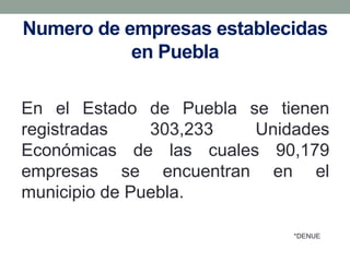 Numero de empresas establecidas
en Puebla
En el Estado de Puebla se tienen
registradas 303,233 Unidades
Económicas de las cuales 90,179
empresas se encuentran en el
municipio de Puebla.
*DENUE
 