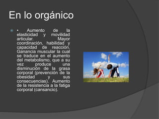 En lo orgánico
 • Aumento de la
elasticidad y movilidad
articular. Mayor
coordinación, habilidad y
capacidad de reacción.
Ganancia muscular la cual
se traduce en el aumento
del metabolismo, que a su
vez produce una
disminución de la grasa
corporal (prevención de la
obesidad y sus
consecuencias). Aumento
de la resistencia a la fatiga
corporal (cansancio).
 