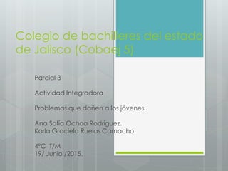 Colegio de bachilleres del estado
de Jalisco (Cobaej 5)
Parcial 3
Actividad Integradora
Problemas que dañen a los jóvenes .
Ana Sofía Ochoa Rodríguez.
Karla Graciela Ruelas Camacho.
4°C T/M
19/ Junio /2015.
 