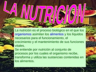 LA NUTRICION La nutrición es el proceso biológico en el que los  organismos  asimilan los  alimentos  y los líquidos necesarios para el funcionamiento, el crecimiento y el mantenimiento de sus funciones vitales.  Se entiende por nutrición al conjunto de procesos por los cuales el organismo recibe, transforma y utiliza las sustancias contenidas en los alimentos.  