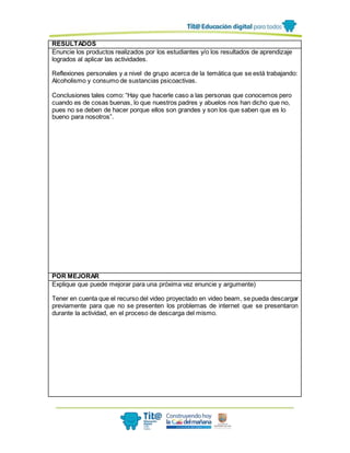 RESULTADOS
Enuncie los productos realizados por los estudiantes y/o los resultados de aprendizaje
logrados al aplicar las actividades.
Reflexiones personales y a nivel de grupo acerca de la temática que se está trabajando:
Alcoholismo y consumo de sustancias psicoactivas.
Conclusiones tales como: “Hay que hacerle caso a las personas que conocemos pero
cuando es de cosas buenas, lo que nuestros padres y abuelos nos han dicho que no,
pues no se deben de hacer porque ellos son grandes y son los que saben que es lo
bueno para nosotros”.
POR MEJORAR
Explique que puede mejorar para una próxima vez enuncie y argumente)
Tener en cuenta que el recurso del video proyectado en video beam, se pueda descargar
previamente para que no se presenten los problemas de internet que se presentaron
durante la actividad, en el proceso de descarga del mismo.
 