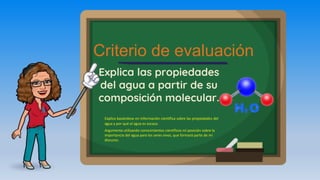 Explica las propiedades
del agua a partir de su
composición molecular.
Criterio de evaluación
Explica basándose en información científica sobre las propiedades del
agua y por qué el agua es escasa.
Argumenta utilizando conocimientos científicos mi posición sobre la
importancia del agua para los seres vivos, que formará parte de mi
discurso.
 