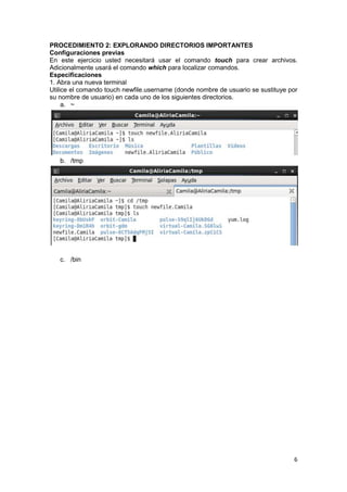 6
PROCEDIMIENTO 2: EXPLORANDO DIRECTORIOS IMPORTANTES
Configuraciones previas
En este ejercicio usted necesitará usar el comando touch para crear archivos.
Adicionalmente usará el comando which para localizar comandos.
Especificaciones
1. Abra una nueva terminal
Utilice el comando touch newfile.username (donde nombre de usuario se sustituye por
su nombre de usuario) en cada uno de los siguientes directorios.
a. ~
b. /tmp
c. /bin
 