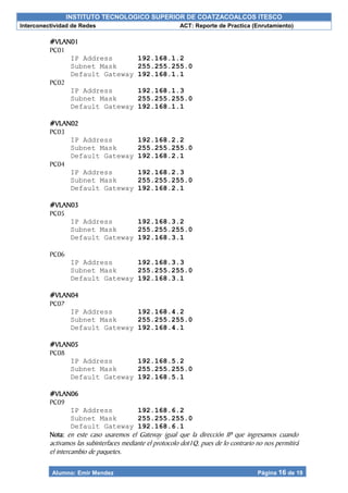INSTITUTO TECNOLOGICO SUPERIOR DE COATZACOALCOS ITESCO
Interconectividad de Redes ACT: Reporte de Practica (Enrutamiento)
Alumno: Emir Mendez Página 16 de 19
#VLAN01
PC01
IP Address 192.168.1.2
Subnet Mask 255.255.255.0
Default Gateway 192.168.1.1
PC02
IP Address 192.168.1.3
Subnet Mask 255.255.255.0
Default Gateway 192.168.1.1
#VLAN02
PC03
IP Address 192.168.2.2
Subnet Mask 255.255.255.0
Default Gateway 192.168.2.1
PC04
IP Address 192.168.2.3
Subnet Mask 255.255.255.0
Default Gateway 192.168.2.1
#VLAN03
PC05
IP Address 192.168.3.2
Subnet Mask 255.255.255.0
Default Gateway 192.168.3.1
PC06
IP Address 192.168.3.3
Subnet Mask 255.255.255.0
Default Gateway 192.168.3.1
#VLAN04
PC07
IP Address 192.168.4.2
Subnet Mask 255.255.255.0
Default Gateway 192.168.4.1
#VLAN05
PC08
IP Address 192.168.5.2
Subnet Mask 255.255.255.0
Default Gateway 192.168.5.1
#VLAN06
PC09
IP Address 192.168.6.2
Subnet Mask 255.255.255.0
Default Gateway 192.168.6.1
Nota: en este caso usaremos el Gateway igual que la dirección IP que ingresamos cuando
activamos las subinterfaces mediante el protocolo dot1Q, pues de lo contrario no nos permitirá
el intercambio de paquetes.
 