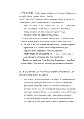 → TIPO QUIMICO: Pueden causar alteración en el ambiente tales como:
  aerosoles, gases, vapores, sólidos y líquidos.
  → TIPO BIOLOGICO: se encuentran en áreas geográficas de trabajo los
  cuales pueden trasmitir patologías directa o indirectamente.
     •   PRODUCTORES DE INSALUBRIODAD LOCATIVA O AMBIENTAL
         DEFICIENTES: Se caracteriza por ser fuente de molestias al
         trabajador debido a la falta de aseo del lugar d trabajo.
     •   PRODUCTORES DE SOBRECARGA FISICA:
     Estos se caracterizan por presentar en el trabajador un esfuerzo mas
     del que el debe realizar por esto pueden ocurrir daños musculares.
    •    PRODUCTORES DE SOBRECARGA PSIQUICA: Generados por la
         organización de la sociedad circundante (Extralaboral) que
         producirán en los trabajadores tensiones, estrés etc.
    •    PRODUCTORES D EINSEGURIDAD: son los que pueden causar
         accidentes por el mal estado, falta de protección etc.
    → Pueden ser: Mecánicos, Físico. Químicos, Instalaciones y superficies
    en mal estado, Procedimientos peligrosos y orden y aseo deficientes.




4. DE UN EJEMPLO DE LOS FACTORES DE RIESGO PROFESIONAL EN

  UNA ACTIVIDAD DIARIA O LABORAL :

     •   Una niña de 16 años diariamente va al colegio, al ir pasa frente a un
         lugar donde construyen unos edificios, Mueven bloques grandes
         pero ella no conoce otro camino a la escuela Aquí empieza un
         problema mínimo pues ella no conoce el riesgo que hay al pasar por
         este lugar, Al llegar al Colegio, observa que hay muchos arboles que
         en cualquier momento pueden fallar y automáticamente caerse
         encima de las instalaciones del colegio, continua caminando a su
         aula y ve que al subir las escaleras una niña cae ella se ríe (clase I)
 