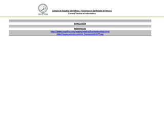Colegio de Estudios Científicos y Tecnológicos del Estado de México
                   Carrera Técnica en Informática



                         CONCLUSIÓN

                        REFERENCIAS
http://www.angelfire.com/empire/seigfrid/Fuentedevoltaje.html
       http://www.unicrom.com/cir_fuenteconlm317T.asp
 