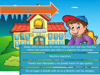 Etapa difícil para los de nuevo ingreso por que hay muchos
   niños mas grandes que ellos y a algunos les preocupa

                    Muchos maestros

  Tienen mas libertades y se puede hacer lo que quiera


 Es un lugar a donde solo se va a divertir con los amigos
 