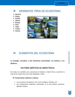 Actividad 1




             DIFERENTES TIPOS DE ECOSISTEMA
    Desierto
    Estepa
    Pradera
    Sabana
    Bosque
    Selva
    Taiga
    Tundra
    Océano




                                                                                         ECOSISTEMA
             ELEMENTOS DEL ECOSISTEMA

La ecología, considera a dos elementos primordiales: los bióticos y los
abióticos.


               FACTORES ABIÓTICOS (EL MEDIO FÍSICO)

Son todas las variables que caracterizan al biotipo o medio físico y permiten la
vida de los organismos que están adaptados a ellos.

      Componentes abióticos o Abiota

         Las sustancias inorgánicas: CO2, H2O, nitrógeno, fosfatos, etc.
         Los componentes orgánicos sintetizados en la fase biótica: proteínas,
         glúcidos, lípidos.
 