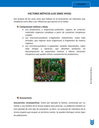 Actividad 1



                  FACTORES BIÓTICOS (LOS SERES VIVOS)

Son propios de los seres vivos que habitan en el ecosistema, las relaciones que
establecen entre ellos y las influencias que ejercen en el medio.

      Componentes bióticos o Biota
             Los productores u organismos autótrofos: capaces de sintetizar
             materiales orgánicos complejos a partir de sustancias inorgánicas
             simples.
             Los macroconsumidores o fagotrofos: heterótrofos, sobre todo
             animales, que ingieren otros organismos o fragmentos de materia
             orgánica.
             Los microconsumidores o sapotrofos: también heterótrofos, sobre
             todo    hongos     y    bacterias,   que   absorben    productos    en
             descomposición     de   organismos    muertos y    liberan   nutrientes
             inorgánicos que pueden utilizar nuevamente los productores.




                                                                                        ECOSISTEMA


      Asociaciones

Asociaciones intraespecíficas: Como por ejemplo la familia, constituida por un
macho y una hembra de la misma especie para procrear. La población también es
otro ejemplo de este tipo de asociación, es decir, un conjunto de individuos de la
misma especie que ocupan un territorio común. Se pueden distinguir varios tipos
de poblaciones:
 