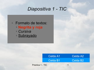 Diapositiva 1 - TIC

λ   Formato de textos:
    λ Negrita y roja

    λ Cursiva

    λ Subrayado




                                Celda A1       Celda A2
                                Celda B1       Celda B2
             Práctica 1 - TIC              1
 