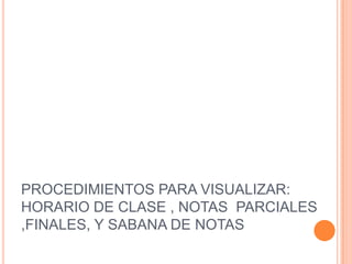PROCEDIMIENTOS PARA VISUALIZAR:
HORARIO DE CLASE , NOTAS PARCIALES
,FINALES, Y SABANA DE NOTAS
 
