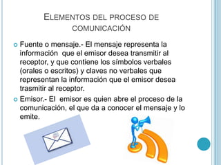 ELEMENTOS DEL PROCESO DE
COMUNICACIÓN
Fuente o mensaje.- El mensaje representa la
información que el emisor desea transmitir al
receptor, y que contiene los símbolos verbales
(orales o escritos) y claves no verbales que
representan la información que el emisor desea
trasmitir al receptor.
 Emisor.- El emisor es quien abre el proceso de la
comunicación, el que da a conocer el mensaje y lo
emite.


 