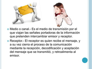 Medio o canal.- Es el medio de transmisión por el
que viajan las señales portadoras de la información
que pretenden intercambiar emisor y receptor.
 Receptor.- El receptor es quien recibe el mensaje, y
a su vez cierra el proceso de la comunicación
mediante la recepción, decodificación y aceptación
del mensaje que se transmitió, y retroalimenta al
emisor.


 