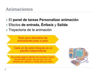 Animaciones
El panel de tareas Personalizar animación
Efectos de entrada, Énfasis y Salida
Trayectoria de la animación
Texto para demostrar las
animaciones paso a paso

Cada un de estos bloques es un
párrafo independiente
Se puede asignar efectos de entrada a todos
los párrafos juntos, de uno por uno, de
palabra por palabra o hasta letra por letra

 