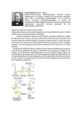 Louis Pasteur (1822 - 1895).
Químico francés cuyos descubrimientos tuvieron enorme
importancia en diversos campos de las ciencias naturales,
sobre todo en la química y microbiología. A él se debe la
técnica conocida como pasteurización. A través de
experimentos refutó definitivamente la teoría de la generación
espontánea y
desarrolló
la teoría
germinal
de
las
enfermedades infecciosas.
Pasteur puso fin a la controversia en 1864.
Había demostrado que hay microorganismos en las partículas de polvo. Decidió
probar la teoría de la generación espontánea.
Empezó colocando caldo en varios frascos. Después, calentó los cuellos
de algunos de los frascos y les dio la forma del cuello de cisne. El resto de los
frascos tenían los cuellos derechos. Entonces, Pasteur hirvió el caldo de todos
los frascos. Los frascos con cuellos derechos fueron expuestos al aire y sellados
después. Los microorganismos crecieron solamente en los frascos con el cuello
derecho.
La forma del cuello de cisne en algunos de los frascos permitía que entrara el
aire. Pero las partículas de polvo se quedaban en las partes de abajo de los
cuellos. Al no generarse microorganismos en estos frascos Pasteur llegó a la
conclusión de que la generación de microorganismos dependía directamente de
la contaminación por los microorganismos de las partículas de polvo que hay en
el aire. Aún hoy se conservan en el museo de Pasteur algunas de esas retortas,
que siguen sin contaminar.

 