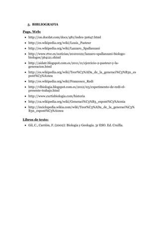 5. BIBLIOGRAFIA
Pags. Web:
 http://on.docdat.com/docs/481/index-30647.html
 http://es.wikipedia.org/wiki/Louis_Pasteur
 http://es.wikipedia.org/wiki/Lazzaro_Spallanzani
 http://www.rtve.es/noticias/20101022/lazzaro-spallanzani-biologobiologos/364121.shtml
 http://aidatr.blogspot.com.es/2011/11/ejercicio-2-pasteur-y-lageneracion.html
 http://es.wikipedia.org/wiki/Teor%C3%ADa_de_la_generaci%C3%B3n_es
pont%C3%A1nea
 http://es.wikipedia.org/wiki/Francesco_Redi
 http://vlbiologia.blogspot.com.es/2012/03/experimento-de-redi-elpresente-trabajo.html
 http://www.curtisbiologia.com/historia
 http://ca.wikipedia.org/wiki/Generaci%C3%B3_espont%C3%A0nia
 http://inciclopedia.wikia.com/wiki/Teor%C3%ADa_de_la_generaci%C3%
B3n_espont%C3%A1nea
Libros de texto:
 Gil, C., Carrión, F. (2002): Biología y Geología. 3r ESO. Ed. Cruïlla.

 