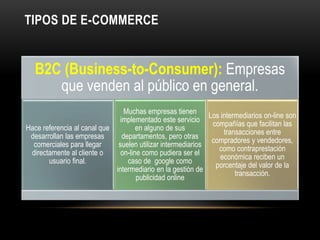 TIPOS DE E-COMMERCE
B2C (Business-to-Consumer): Empresas
que venden al público en general.
Hace referencia al canal que
desarrollan las empresas
comerciales para llegar
directamente al cliente o
usuario final.
Muchas empresas tienen
implementado este servicio
en alguno de sus
departamentos, pero otras
suelen utilizar intermediarios
on-line como pudiera ser el
caso de google como
intermediario en la gestión de
publicidad online
Los intermediarios on-line son
compañías que facilitan las
transacciones entre
compradores y vendedores,
como contraprestación
económica reciben un
porcentaje del valor de la
transacción.
 