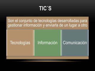 Son el conjunto de tecnologías desarrolladas para
gestionar información y enviarla de un lugar a otro
Tecnologías Información Comunicación
TIC´S
 