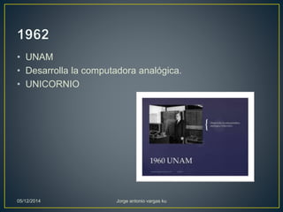 • UNAM 
• Desarrolla la computadora analógica. 
• UNICORNIO 
05/12/2014 Jorge antonio vargas ku 
 